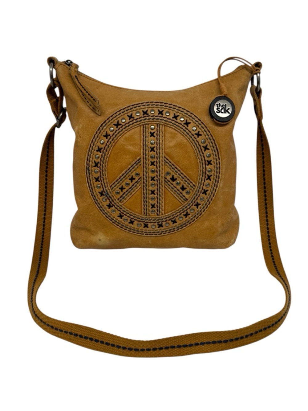 The Sak Camel Brown Leather Peace Sign Design Crossbody Studded Purse Bag 11x11 - Picture 2 of 16